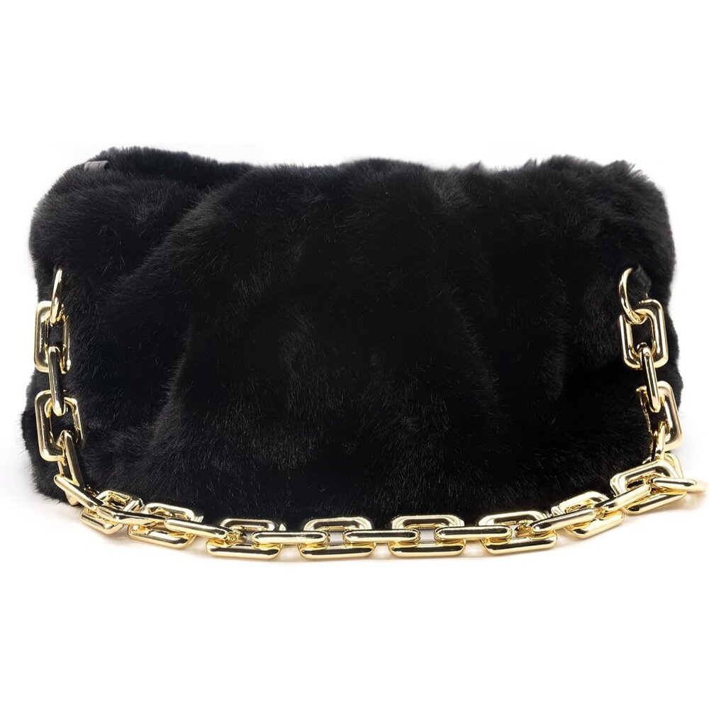Elegant Ruched Chain Pouch Clutch - Black Faux Fur Handbag For All Occasions